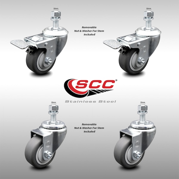 Service Caster 3 Inch SS Thermoplastic Rubber 1/2 Inch Stem Caster Total Lock Brake SCC, 2PK SCC-SSTSTTL20S314-TPRB-M1215-2-S-2 - main